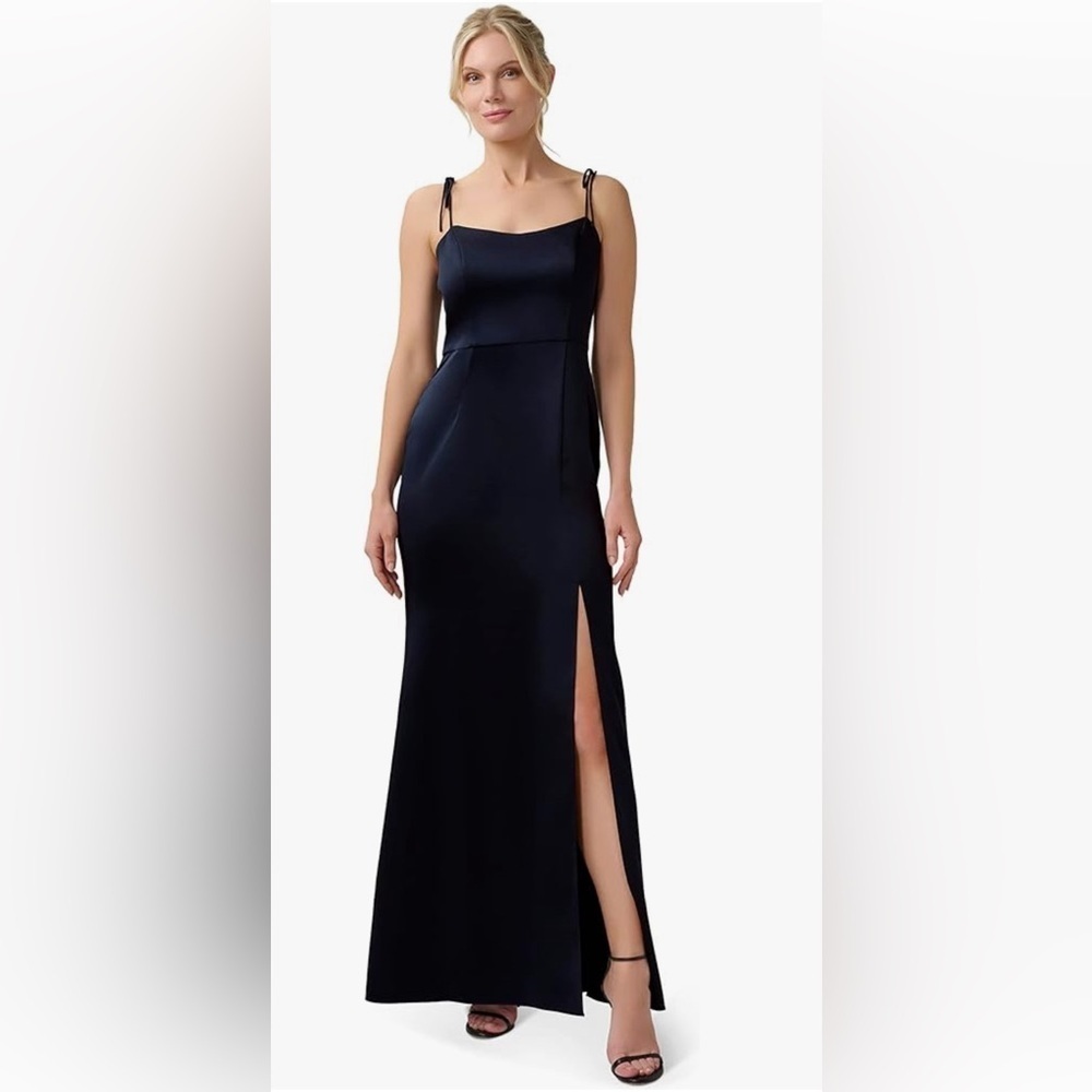 ADRIANNA PAPELL NWT SIZE 14 Dark navy SATIN CREPE LONG GOWN - Picture 6 of 10